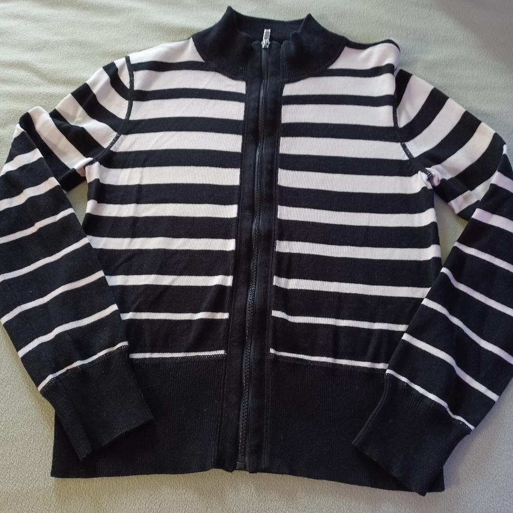 Jones New York Sport Womens Sweater Zip Up Front Black White Striped PM